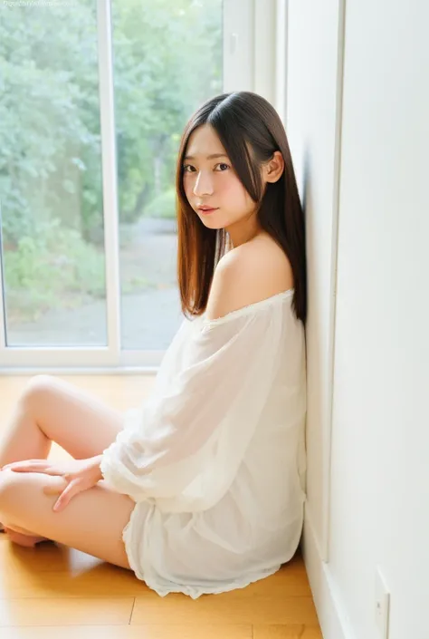 A delicate young Asian woman with soft, chestnut-brown hair sits gracefully on a polished wooden floor near a large window, bathed in gentle, diffused daylight. She wears a flowing, transparent white blouse with off-shoulder cutouts, revealing a subtle hin...