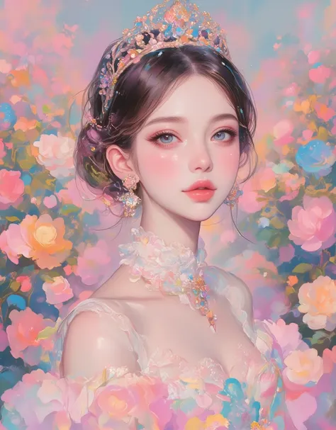 ( Masterpiece:1.2),(  top quality ),(  very well detailed),(  best illustrations),8k,,16k, wallpaper, Beautiful sweaty princess , Sitting、  tiara 、Pastel color gothic fashion dress  ,whole body,(I'm taking a walk along a path where countless pastel roses w...