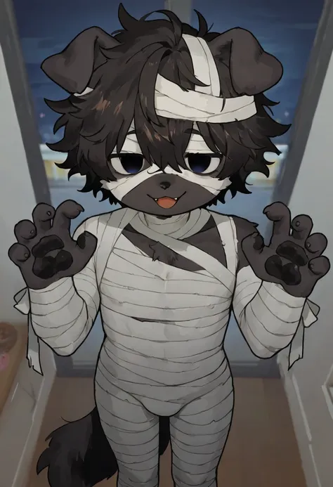 source_ furry， furry male，elementary school students，((boy )),Dog boy  ,short hair,masterpiece, newest,absurdres, incredibly absurdres,  messy hair, cute anthro, Alone, open mouth, empty eyes, smug,
LemonMummy,  mummy costume, bandaged head,nipple，
claw po...