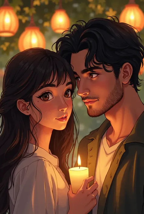 
A hyper-detailed anime-style illustration of a young couple in an intimate, candlelit setting. The girl has long, wavy, slightly tousled dark brown hair with delicate strands softly illuminated by the golden glow. Her expressive, deep brown eyes reflect t...