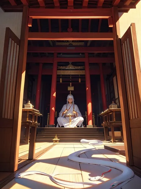 Picture of rising luck with money 、The back room of the shrine 、 the god relaxing々The god of white snakes、There is a big white snake floating、Luminous Altar