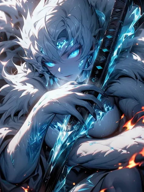  in a burning flame  ， Asian ruler  ，  body filled with cold cold air  ，  naked in an ice blue glowing tattoo wearing a thick fur suit， In the palm of your hand , A heavy axe rests on the ground , precise,  Details, chiaroscuro, 