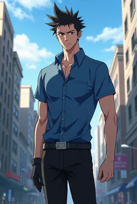 city background, Bleach style anime boy,  measures 1.80 tall,  light leather balcony,  dark brown eyes, athletic and aesthetic physique, black hair with crest and shaved, short sleeve blue button down shirt,  black pants , boots, With a serious and trustin...