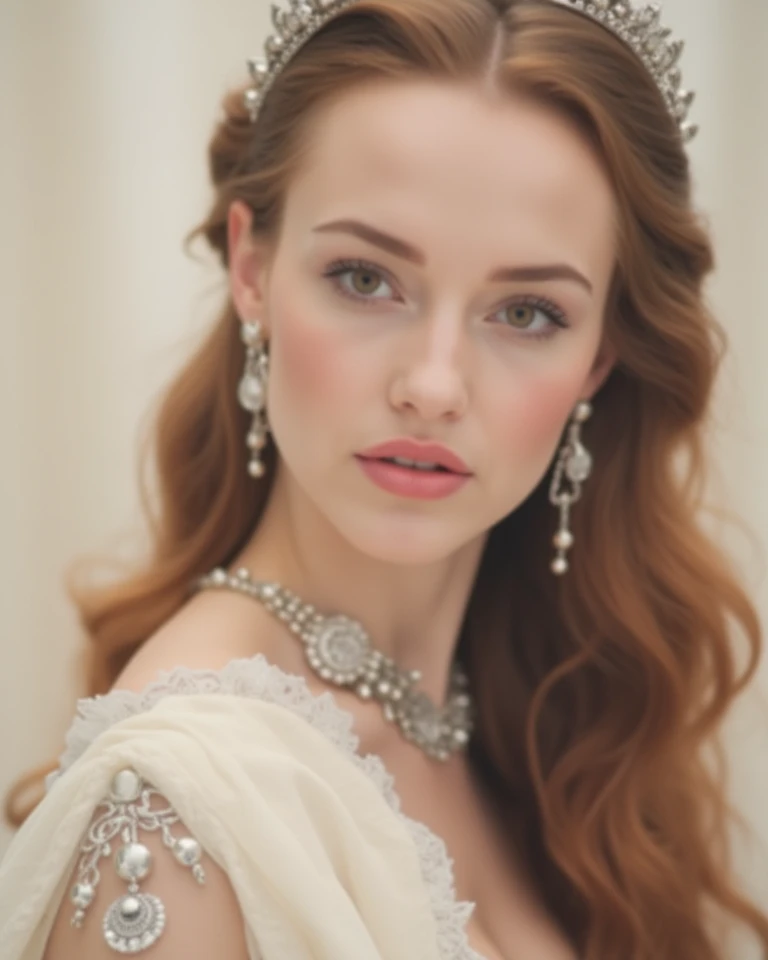 From a distance, standing on decadent palace balcony, looking at viewer, body slightly turned from viewer, caucasian beautiful female,  very cute girl, Age: 20 age-old, long auburn brown hair , delicate tiara, chignon , fringe, hazel eye, little smile, (mi...