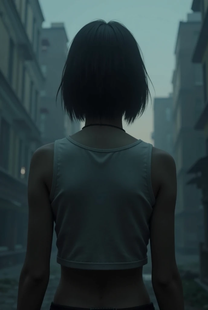 The image of a girl standing on her back ,  in the background you can see an opaque and lifeless city , It's dark at dusk almost night,  she has short hair up to her shoulders , He has a thin waist and wears a sleeveless white shirt,  the image can only be...