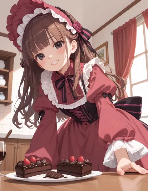 (In 8K, Best Quality, Master Piece:1.2), Ultra High Resolution,1 girl,solo,ultra-detailed face,detailed eyes,brown hair,long hair,straight hair,black eyes,blunt bangs,lolita fashion,long sleeves,juliet sleeves white frilled blouse,lolita fashion,(Magenta p...