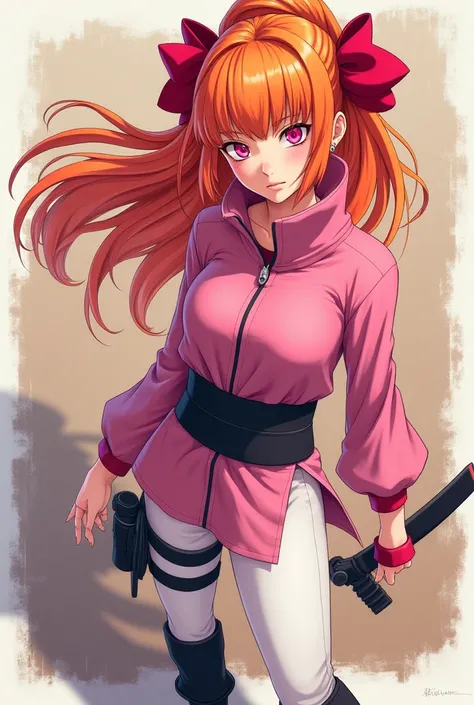 Comic: Female Naruto Shinobi with long orange bangs with big red bow, pink eyes, pink outfit with black belt, white tights and black boots.