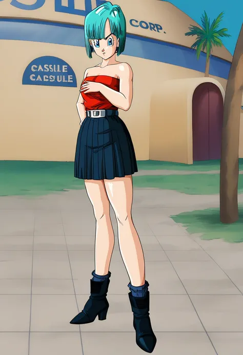 Bulma, Saga de los Androides ,  short hair, aquamarine hair, bob cut style .,  water colored hair , Bangs,  blue eyes, attire, de Saga de los Androides ,  strapless red shirt ,  Red Pleated Skirt  ,  Bare Shoulders,  front stop, serious guy.  full body,  b...