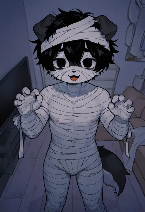 source_ furry， furry male，elementary school students，((boy )),Dog boy  ,short hair,masterpiece, newest,absurdres, incredibly absurdres,  messy hair, cute anthro, Alone, open mouth, empty eyes, smug,
LemonMummy,  mummy costume, bandaged head,nipple，
claw po...