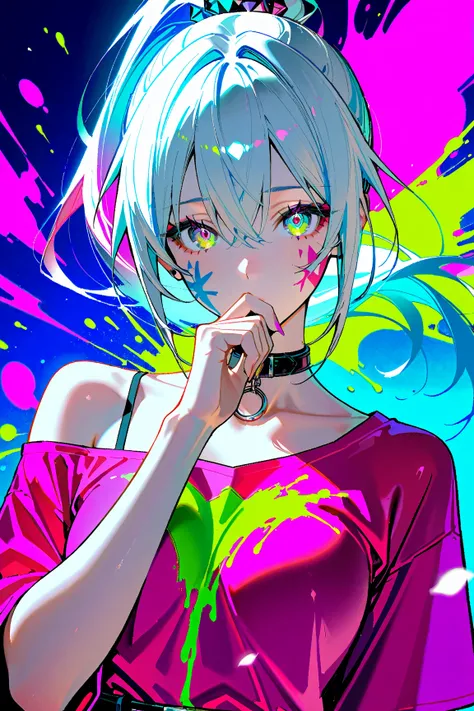 （Pink long t-shirt：1.9),（Colorful hair：1.8）,（Rainbow of all colors：1.8),（（（（Vertical painting：1.6))), (painting a：1.6, front,big eyes, crystal -clear, (rainbow color gradient high ponytail：1.7）,Delicate makeup,Cover mouth,(Small Fresh:1.5),long eyelashes,W...