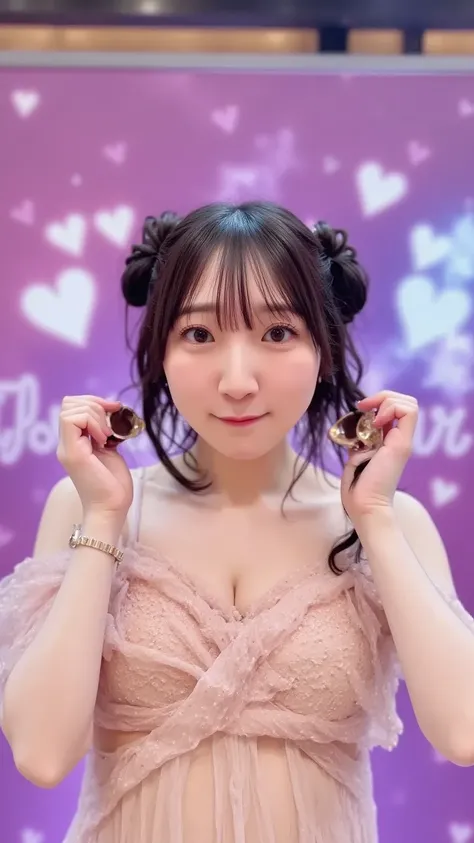 A cheerful anime-style virtual idol girl with sparkling eyes and pastel-colored hair styled in twin buns. She holds a heart-shaped chocolate toward the viewer with both hands, winking playfully. The background is a dreamy digital stage with floating hearts...