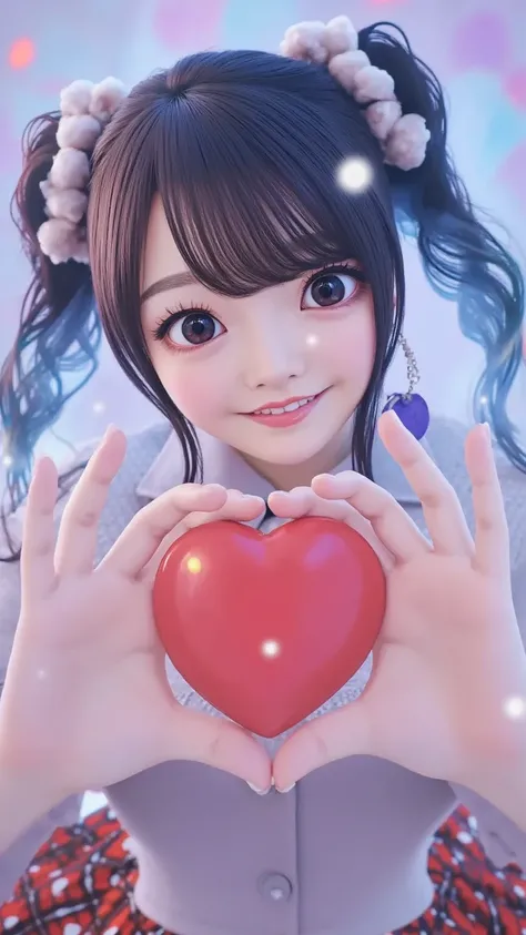 A cheerful anime-style virtual idol girl with sparkling eyes and pastel-colored hair styled in twin buns. She holds a heart-shaped chocolate toward the viewer with both hands, winking playfully. The background is a dreamy digital stage with floating hearts...