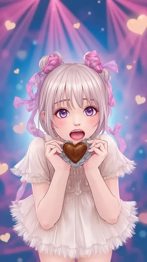 A cheerful anime-style virtual idol girl with sparkling eyes and pastel-colored hair styled in twin buns. She holds a heart-shaped chocolate toward the viewer with both hands, winking playfully. The background is a dreamy digital stage with floating hearts...