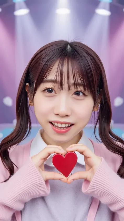 A cheerful anime-style virtual idol girl with sparkling eyes and pastel-colored hair styled in twin buns. She holds a heart-shaped chocolate toward the viewer with both hands, winking playfully. The background is a dreamy digital stage with floating hearts...