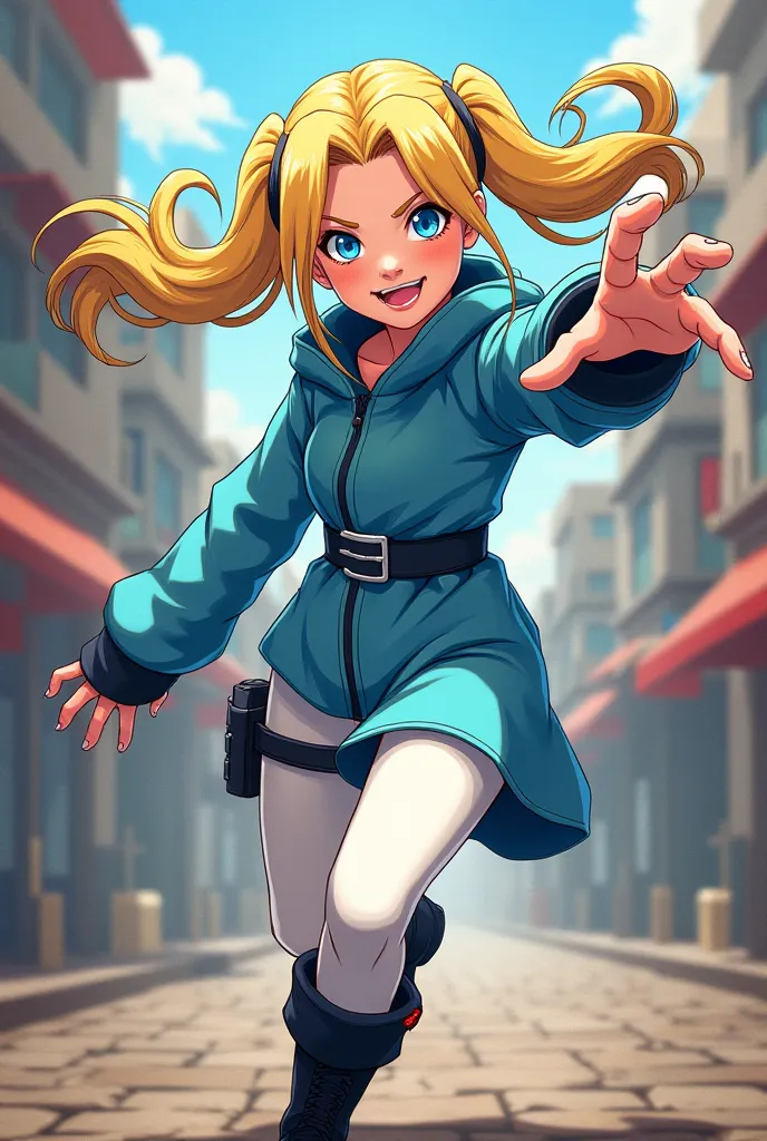 Comic: Female Naruto Shinobi with blonde pigtails, light blue eyes, light blue outfit with black belt, white tights and black boots.