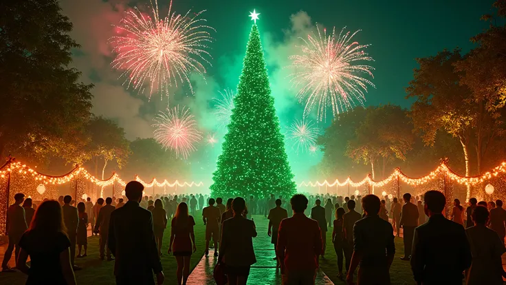 Dynamic photo of a Christmas tree with green lights, where many people enjoying the Christmas night party at a big garden, many firecrackers in sky, dynamic photo, beautiful photo, realistic cinematic style, 4k quality in 3d 