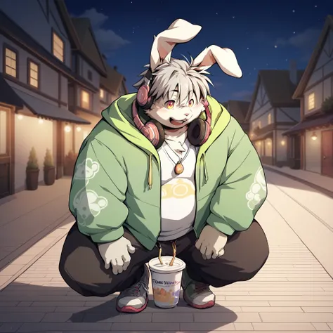 deTail background, 4K,  masterpiece,   an anthropomorphic rabbit  , droopy ears ,  furry   male,  {{One boy,  male性,  alone,   furry  ,    animal ears , thick、Fat、male,  colorful contemporary style hoodie, Front , big , Tail, full body,   headphones  ,Gray...