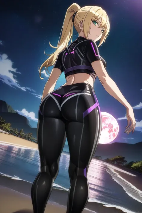 23 years old mature woman, (((medium breasts))), (((black tech zero outfit with purple details))), (long blonde hair with ponytail), (((green eyes))), thin arms, (on the beach at night with starry sky and full blood moon), (slim waist), (normal hip), (((bi...