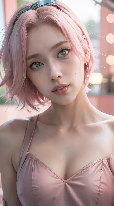 young woman, short shoulder-length pink hair, wide forehead, porcelain skin, pink eyebrows, big emerald green eyes, buttoned nose, full lips, heart-shaped face, slender body, small breasts, maroon tank top, Sakura Haruno , realistic, Realism, details, 3d, ...