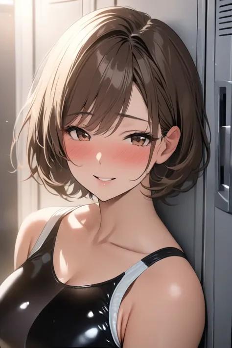 top quality, masterpiece,  Hi-Res, 8k, (1 girl), Alone, (((face shot))),   brown hair short hair, It's in the locker,  Locker Room, Gymnastics Leotards, milf, Blushing in shame ,  looks at her with a smile 