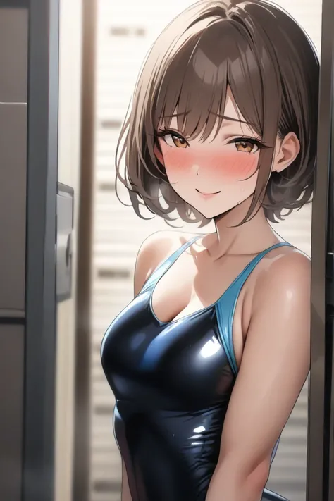 top quality, masterpiece,  Hi-Res, 8k, (1 girl), Alone, (((face shot))),   brown hair short hair, It's in the locker,  Locker Room, Gymnastics Leotards, milf, Blushing in shame ,  looks at her with a smile 