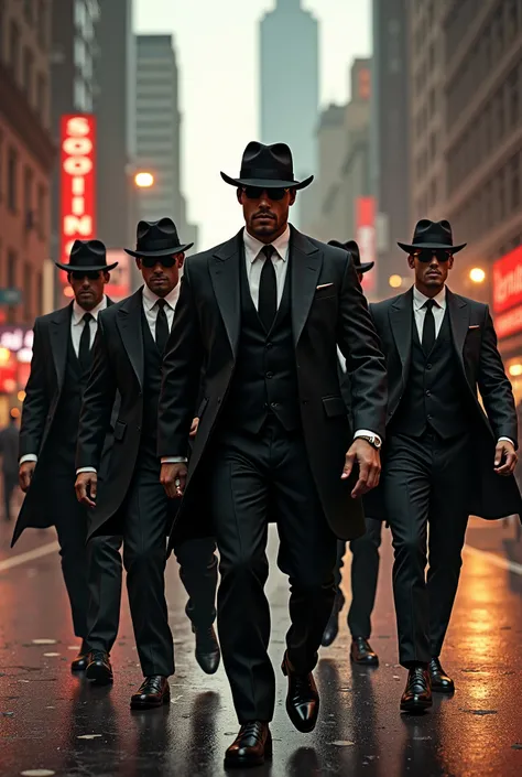 A group of stylish gangsters confidently strolls down a bustling city street, showcasing their charisma and camaraderie.