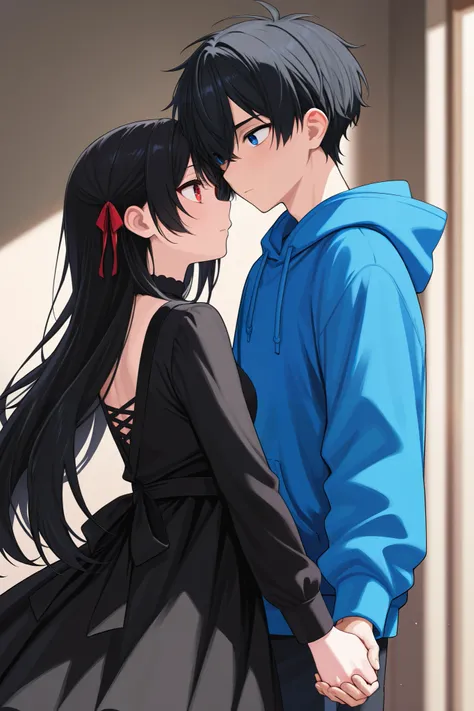 Anime boy with black hair and blue eyes and blue hoodie holding hands with a black haired girl with red eyes, her hair covering her right eye wearing a black dress. Their back is turned to the camera
