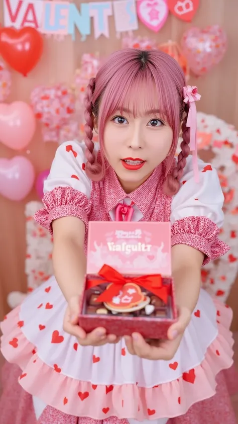 A bubbly young woman with pink twin-tails and a playful expression, dressed in a cute Valentine's Day outfit with heart motifs. She leans slightly towards the camera, extending a beautifully wrapped chocolate box to the viewer. The background features colo...