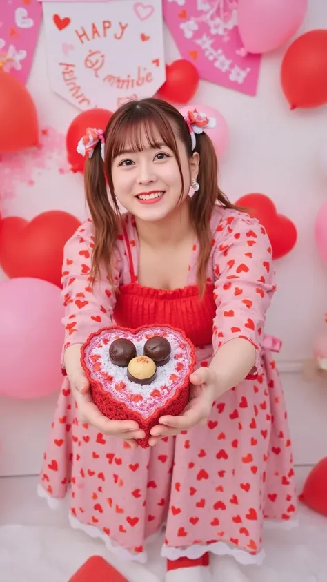 A bubbly young woman with pink twin-tails and a playful expression, dressed in a cute Valentine's Day outfit with heart motifs. She leans slightly towards the camera, extending a beautifully wrapped chocolate box to the viewer. The background features colo...