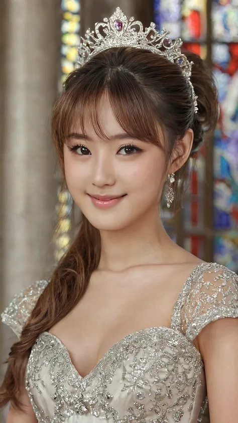 blush,,long hair ponytail,wedding dress like a princess,A church with shining European-style stained glass,She wears a shining silver tiara,((8K, Raw photo, best quality, muste piece:1.2), (Reality, photorealistic:1.4), (Highly detailed 8K wallpaper), Dept...