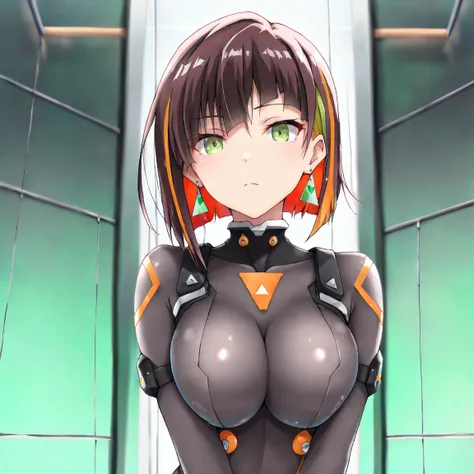 masterpiece, (((( best quality )))),,,shiny skin, wearing a black pilot suit, dark hair, short bob hair,The inner color of the hair is green, green eyes,isosceles triangle earrings,,,large breasts,