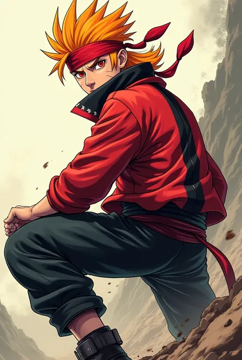 Comic: male Naruto Shinobi with orange mullet with red bandana, red eyes, red outfit with black stripe, black pants and black boots.