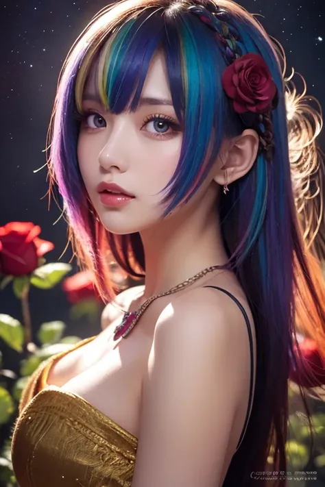 Close-up of a woman with  colorful  hair and necklace,  anime girl 、Cosmic Hair , The gentle vitality of rose roses,  Gouvez style artwork,  Fantasy Art Style ,  colorful ],  vivid fantasy style, Ross draws vibrant cartoons, cosmic and  colorful , Gwaiz,  ...