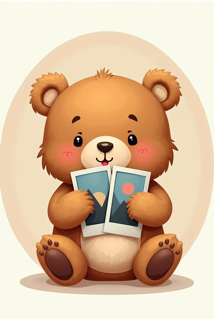 Circular cartoon image of a cuddly brown bear with photos in his hands