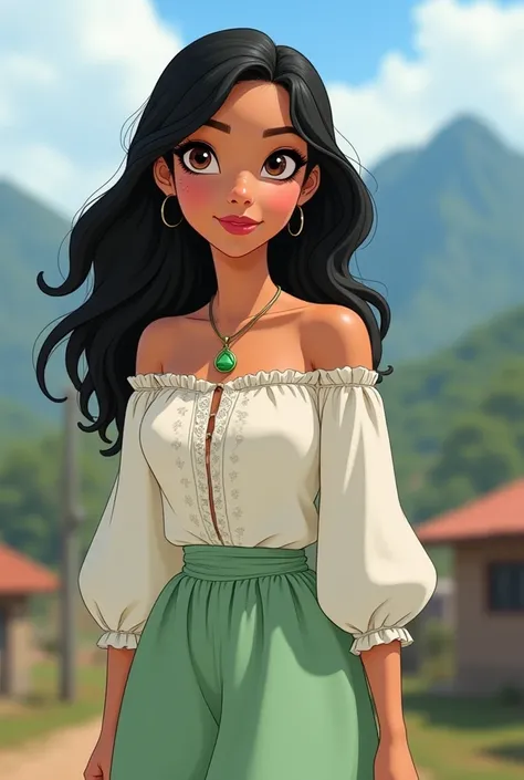 Colombian Disney-type full body woman with wavy black hair with a tuft of white hair on the left side of her face simulating long fringe, with light brown eyes, of medium complexion and Vitiligo,  medium body , a white peasant blouse and a pastel green pea...