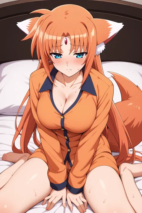 masterpiece,best quality,{{detailed beautiful face and eyes}}, very detailed background,
Arf Testarossa,{{{megami magazine}}},long hair,orange hair,forehead jewel,animal ears,wolf ears,{{wolf tail:1.4}},blue eyes,half closed eyes,large breasts,
((orange pa...