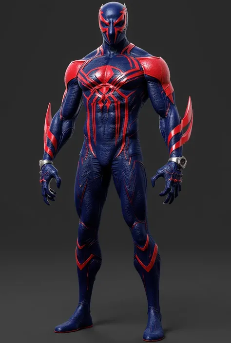 •	Suit: A hybrid of Spider-Man’s design, Black Panther’s vibranium suit, and Kraven’s tactical armor. Dark navy with crimson and silver accents, featuring retractable vibranium claws and an energy-resistant web-weave fabric.
	•	Mask: A mix between Black Pa...