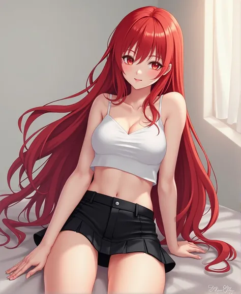 Anime girl red hair long hair with skinny black miniskirt without so much bust medium thighs sitting 