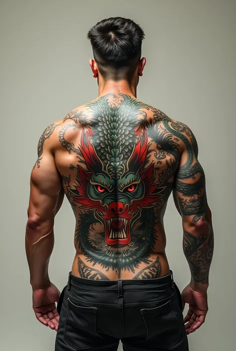 man with a tattoo on whole back a whole calm dragon with super angry eye a whole dragon tattoo, make it whole 