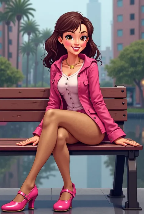 Tip: A very lovely  beautiful Asian American woman being happy alone on a bench in Downtown San Diego in the rain.. The illustration is a high definition illustration with 4k resolution., with highly detailed facial features and cartoon style visuals, pink...