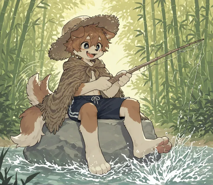 source_ furry， furry male，elementary school students，((boy )),dog boy ,short hair,masterpiece, newest,absurdres, incredibly absurdres, bright eyes, detailed eyes,short hair，solo , traditional suo li straw cloak, fishing by riverside, excitedly catching fis...