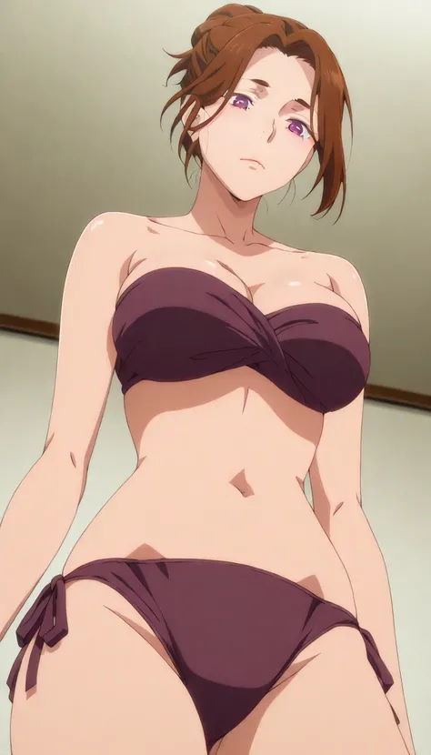 Masterpiece, best quality, source_anime, anime screencap, anime coloring, anime screencap, 1girl, solo,mature female, brown hair, mature female, purple eyes, short hair, single hair bun, (thick eyebrows:0.7), collarbone, strapless bikini, side tie bikini, ...