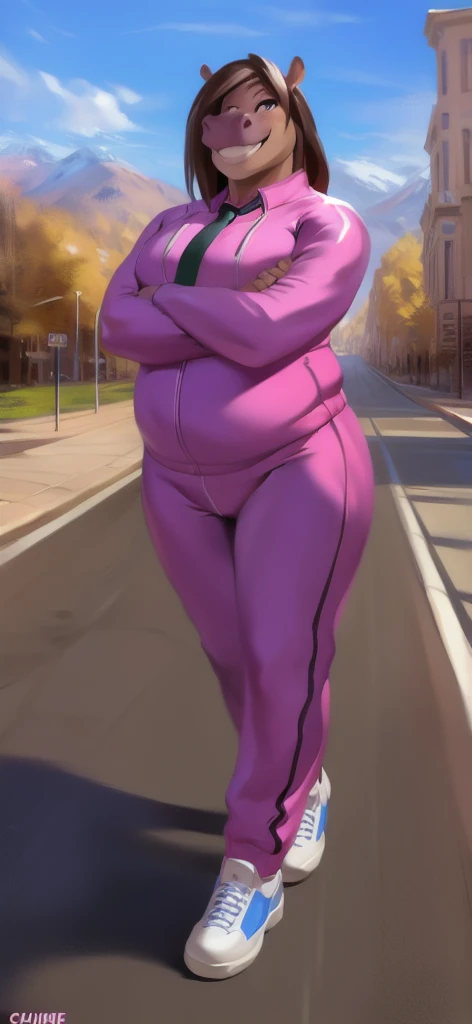   alone , female​ Tall​ ,model, stand, road,hippo female , pink Tracksuit soldier ,  Overweight  ,   tie the muscles, Smiling by chunie 