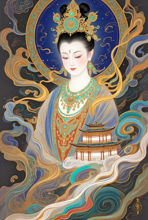   a beautiful art illustration , Dream Painting, ,  intricate fantasy painting , Wonderful fantasy landscape art , Chinese style illustrations，Silk Road，camel，Dunhuang，Chinese ancient buildings，Cloisonne， Cloisonne enamel ，antiquity，Crescent Moon，Buddha，Th...