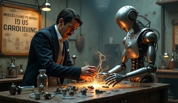 Nicola Tesla est en train de travailler sur une de ses inventions et il y a un robot et accroché au mur une pancarte où il est écrit "contact terre " écrit "CONTACT " "TERRE "