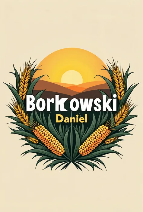 Logo of a group called BORKOWSKI with the name Daniel underneath and behind it all wheat soybeans and corn