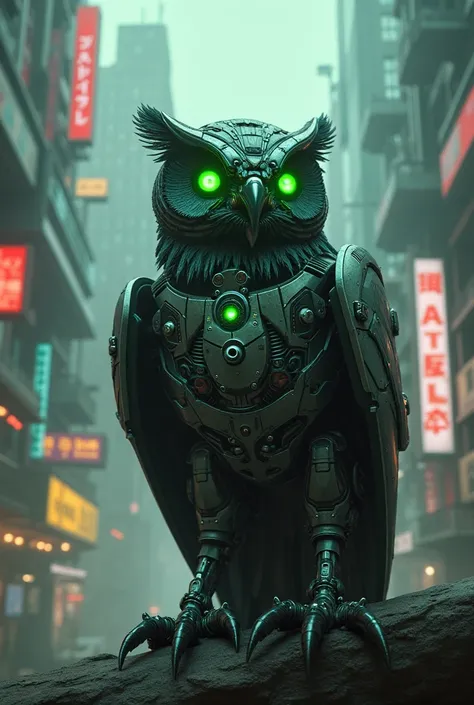 A futuristic mechanic cyberpunk-style Owl with green glowing Eyes