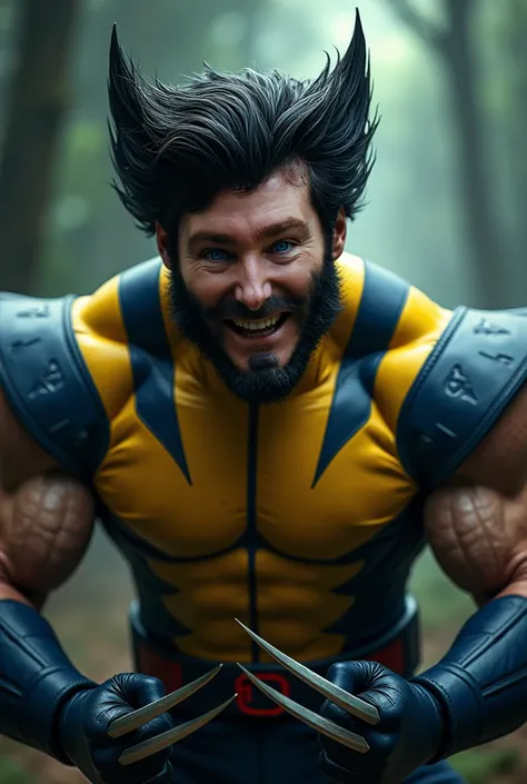 A hyper-realistic, full-body depiction of Wolverine from Marvel Comics, wearing his classic yellow and blue suit with a rugged, tactical design. He has no mask, revealing his fierce, battle-worn face with piercing green eyes, thick sideburns, and wild, unk...