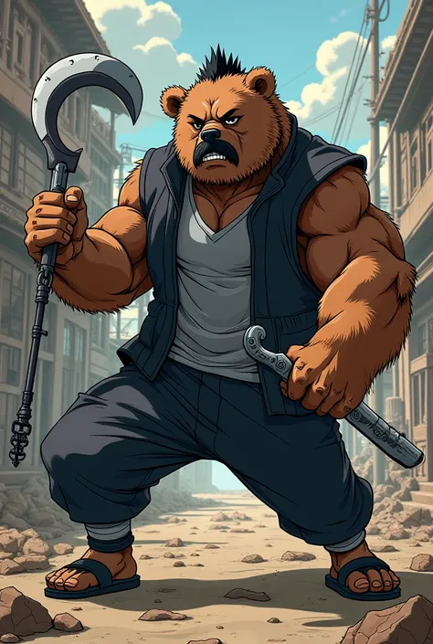 Comic: male Naruto Shinobi as a fat grizzly bear with black mustache, black vest jacket, gray shirt, black pants and black sandals. He wields a chained-sickle.