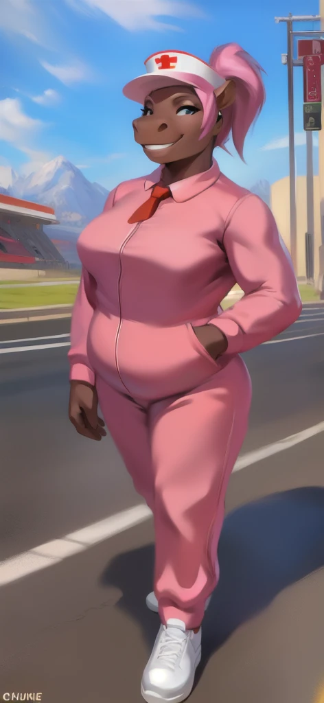   alone , female​ Tall​ ,model, stand, road,hippo female , Chief Nurse, pink Tracksuit soldier ,  Overweight  ,   tie the muscles, Smiling , Pink ponytail, by chunie 